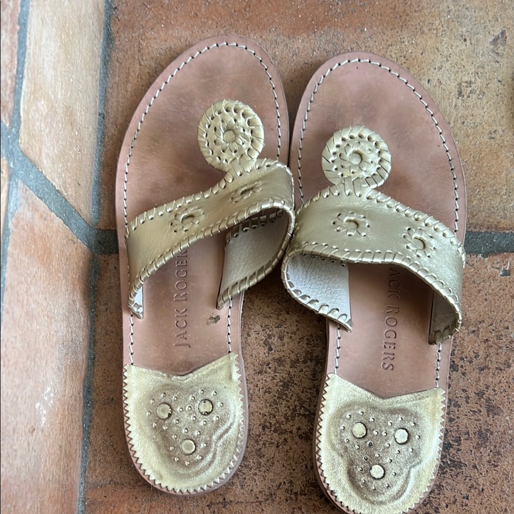 Jack Rogers Gold Sandals with Decorative Medallions well worn